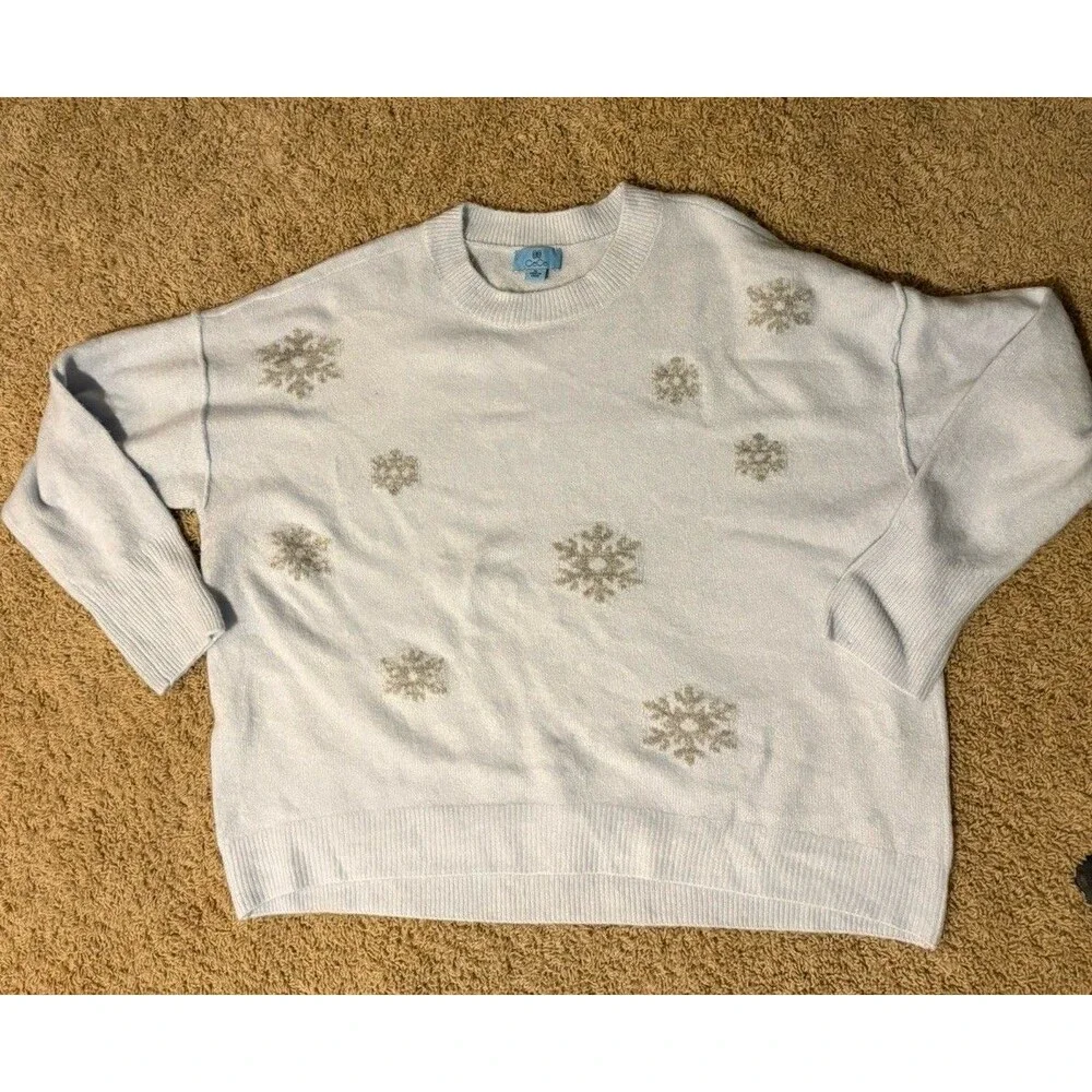 CeCe Snowflake Lightweight Sweater Women’s Size XL Light Blue Gray Metallic FLAW